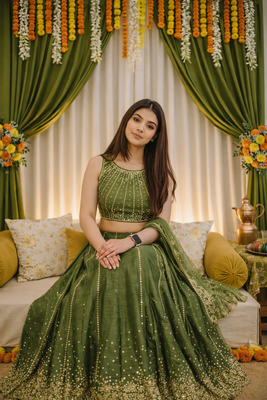 olive green thai silk sequins work lehenga choli set  2