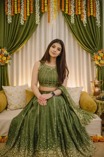 olive green thai silk sequins work lehenga choli set 