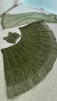 olive green thai silk sequins work lehenga choli set  4