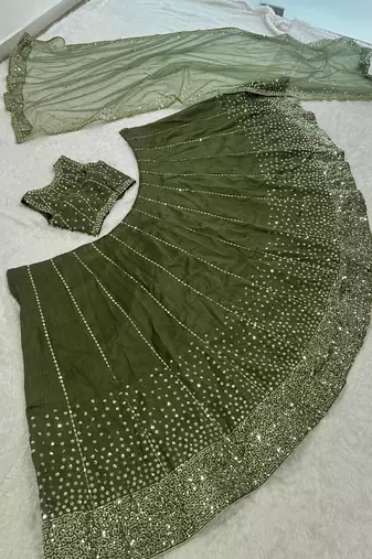 olive green thai silk sequins work lehenga choli set 
