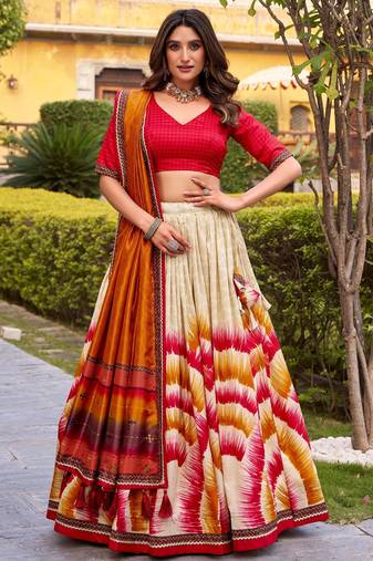 red tussar silk tie dye printed lehenga choli set