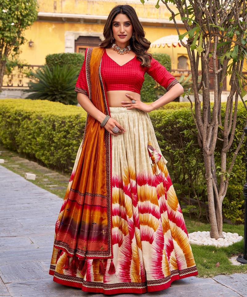 red tussar silk tie dye printed lehenga choli set