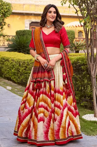 red tussar silk tie dye printed lehenga choli set