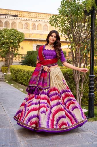 purple tussar silk tie dye printed lehenga choli set