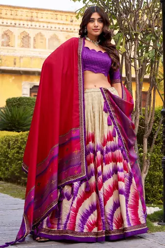 purple tussar silk tie dye printed lehenga choli set