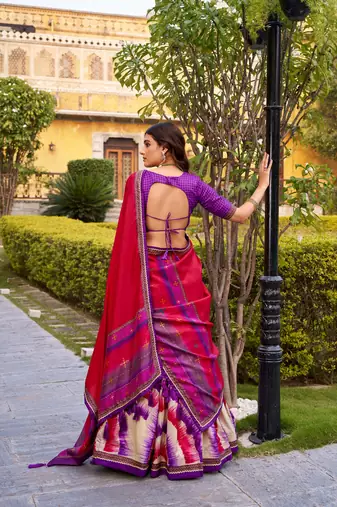 purple tussar silk tie dye printed lehenga choli set