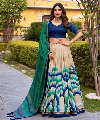 navy blue tussar silk tie dye printed lehenga choli set 2