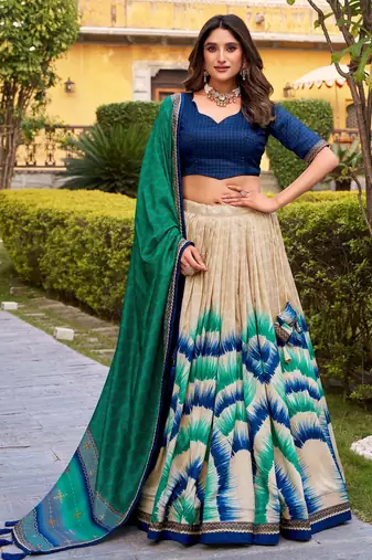 navy blue tussar silk tie dye printed lehenga choli set