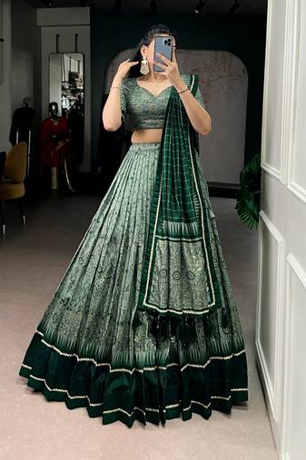 green tussar silk kalamkari printed lehenga set with dupatta