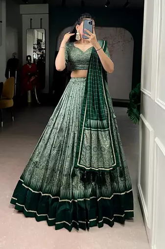 green tussar silk kalamkari printed lehenga set with dupatta