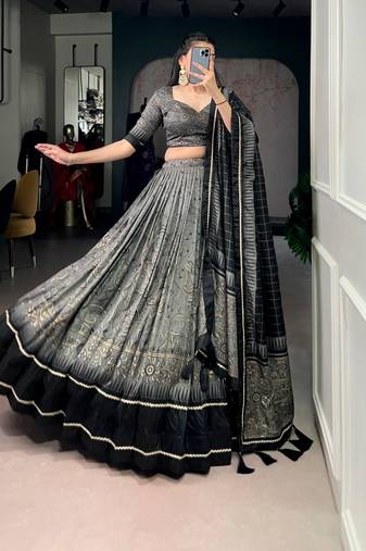 grey tussar silk kalamkari printed lehenga set with dupatta