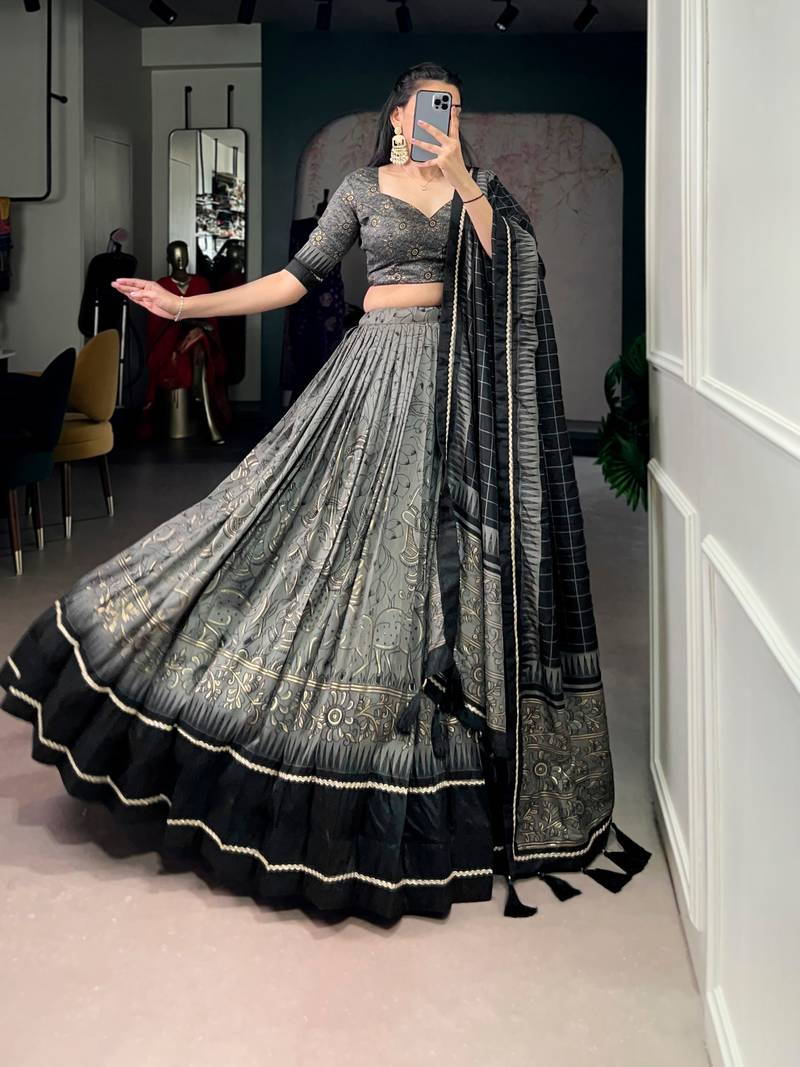 grey tussar silk kalamkari printed lehenga set with dupatta
