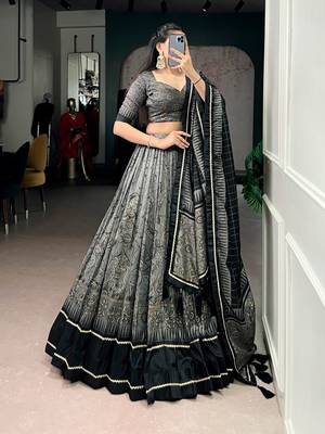 grey tussar silk kalamkari printed lehenga set with dupatta 2