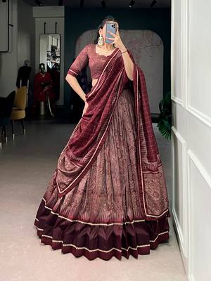 maroon tussar silk kalamkari printed lehenga set with dupatta 1