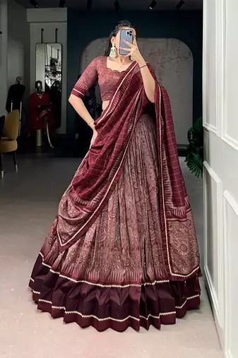 maroon tussar silk kalamkari printed lehenga set with dupatta