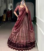 maroon tussar silk kalamkari printed lehenga set with dupatta