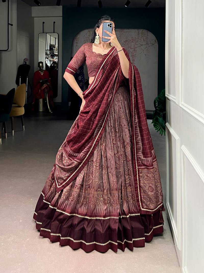 maroon tussar silk kalamkari printed lehenga set with dupatta