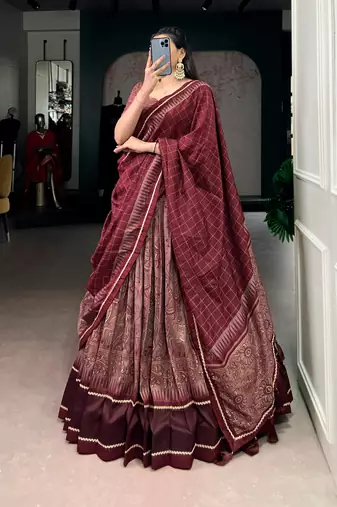 maroon tussar silk kalamkari printed lehenga set with dupatta