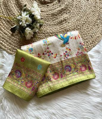 Olive Color Digital Pashmina Test print With Siroski Hand Work Naylon Viscos Softy Silk Saree 1