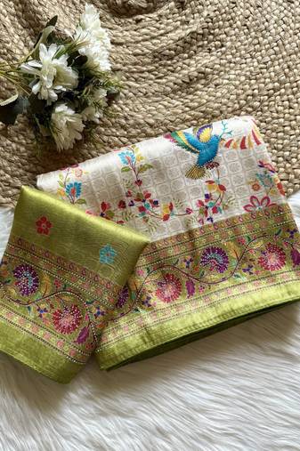 Olive Color Digital Pashmina Test print With Siroski Hand Work Naylon Viscos Softy Silk Saree