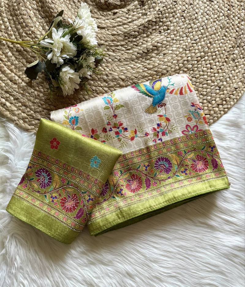 Olive Color Digital Pashmina Test print With Siroski Hand Work Naylon Viscos Softy Silk Saree