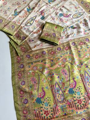 Olive Color Digital Pashmina Test print With Siroski Hand Work Naylon Viscos Softy Silk Saree 2