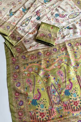 Olive Color Digital Pashmina Test print With Siroski Hand Work Naylon Viscos Softy Silk Saree