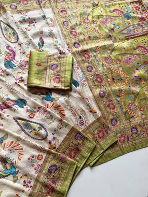 Olive Color Digital Pashmina Test print With Siroski Hand Work Naylon Viscos Softy Silk Saree 3