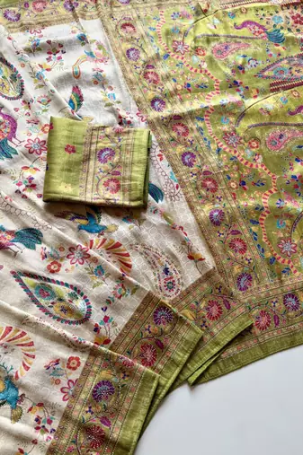 Olive Color Digital Pashmina Test print With Siroski Hand Work Naylon Viscos Softy Silk Saree