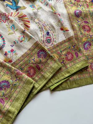 Olive Color Digital Pashmina Test print With Siroski Hand Work Naylon Viscos Softy Silk Saree 4