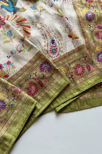 Olive Color Digital Pashmina Test print With Siroski Hand Work Naylon Viscos Softy Silk Saree