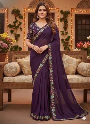 purple georgette saree with sequins lace work 1