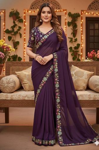 New Georgette Sequence Embroidered Lace Work Women's Saree With Blouse Set