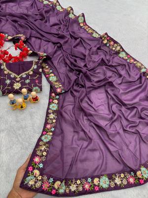 purple georgette saree with sequins lace work 2