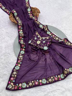 purple georgette saree with sequins lace work 3