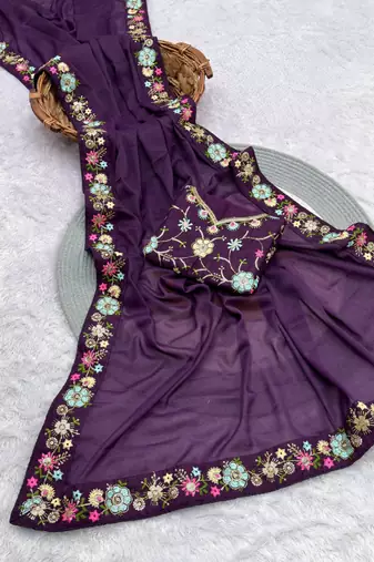 purple georgette saree with sequins lace work