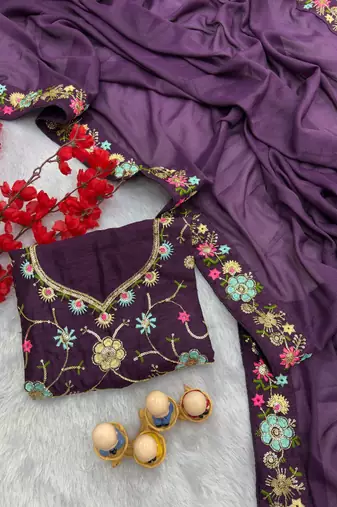 purple georgette saree with sequins lace work