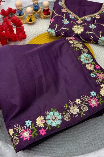 purple georgette saree with sequins lace work