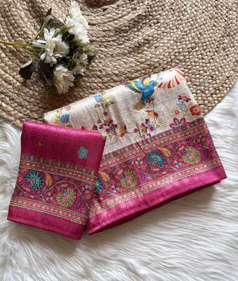 Rani Pink Color Digital Pashmina Test print With Siroski Hand Work Naylon Viscos Softy Silk Saree 1