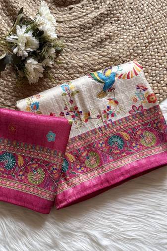 Rani Pink Color Digital Pashmina Test print With Siroski Hand Work Naylon Viscos Softy Silk Saree