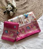 Rani Pink Color Digital Pashmina Test print With Siroski Hand Work Naylon Viscos Softy Silk Saree