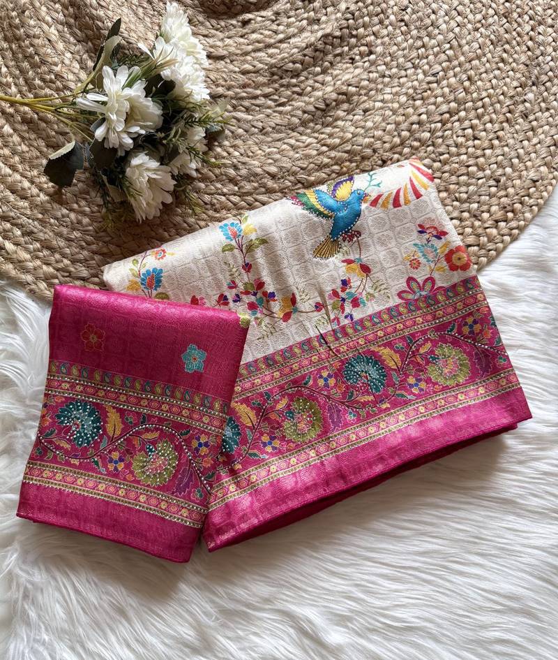 Rani Pink Color Digital Pashmina Test print With Siroski Hand Work Naylon Viscos Softy Silk Saree