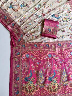 Rani Pink Color Digital Pashmina Test print With Siroski Hand Work Naylon Viscos Softy Silk Saree 2