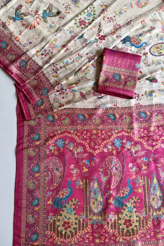 Rani Pink Color Digital Pashmina Test print With Siroski Hand Work Naylon Viscos Softy Silk Saree