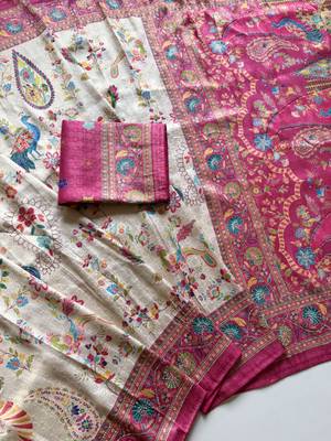 Rani Pink Color Digital Pashmina Test print With Siroski Hand Work Naylon Viscos Softy Silk Saree 3