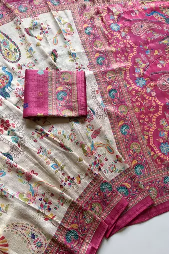 Rani Pink Color Digital Pashmina Test print With Siroski Hand Work Naylon Viscos Softy Silk Saree