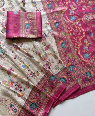Rani Pink Color Digital Pashmina Test print With Siroski Hand Work Naylon Viscos Softy Silk Saree 4