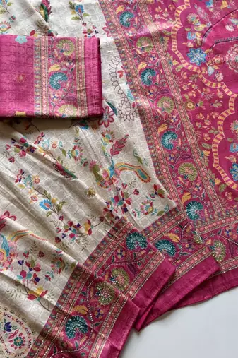 Rani Pink Color Digital Pashmina Test print With Siroski Hand Work Naylon Viscos Softy Silk Saree