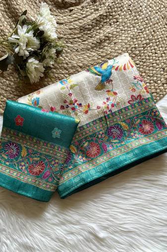 Blue Color Digital Pashmina Test print With Siroski Hand Work Naylon Viscos Softy Silk Saree