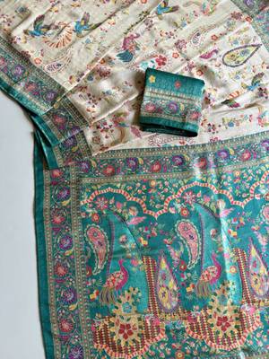 Blue Color Digital Pashmina Test print With Siroski Hand Work Naylon Viscos Softy Silk Saree 2